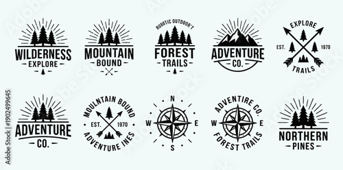 Outdoor Adventure Badge Set with Wilderness Explore Mountain Bound and Forest Trails Logos