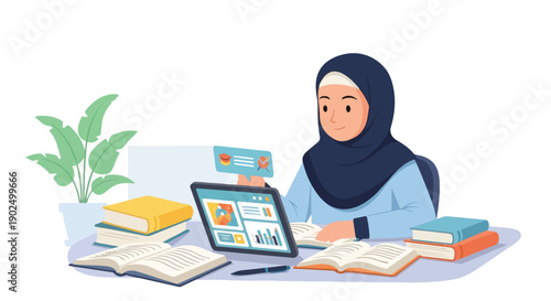Young Muslim woman in hijab studying online with laptop and books, modern education concept
