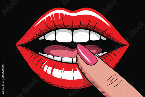 Cartoon illustration of woman mouth with red lipstick and tongue touching finger  human face closeup