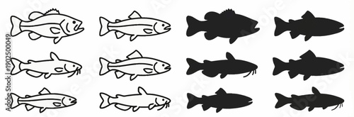 Freshwater Fish Species Icon Set with Bass Trout Salmon and Catfish