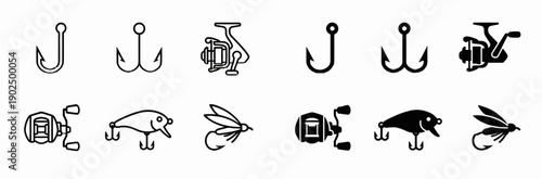 Fishing Tackle and Gear Icon Set with Hooks Reels Lures and Fly Fishing Bait