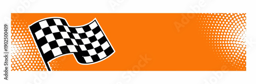 Checkered Flag Racing Banner with Orange Background and Halftone Texture