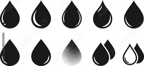 Water drop icon set illustration featuring liquid oil droplet shapes minimal black silhouette symbols isolated vector collection design