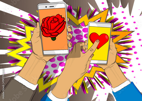 Cartoon Smartphone, comic book Telephone with Red Heart and Rose. Retro vector comics pop art design.