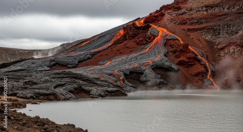 Fiery molten lava flowing down a volcanic slope into a body of water under a cloudy sky