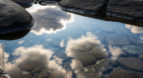 Reflection of clouds and sky in the clear water of a rock pool during daytime