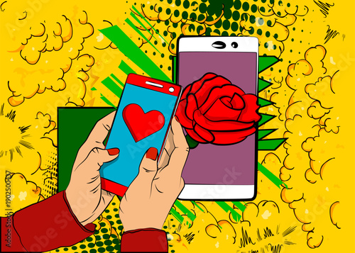 Cartoon Smartphone, comic book Telephone with Red Heart and Rose. Retro vector comics pop art design.