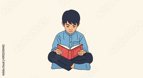 Vector illustration of a young boy, possibly Asian, sitting cross-legged and engrossed in reading a red book, symbolizing childhood education and quiet study time.
