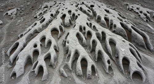 Erosion creates natural abstract patterns on a rocky surface, showcasing intricate textures and formations