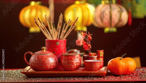 Wallpaper Mural Festive Tea Ceremony Still Life with Lanterns and Pumpkin. Torontodigital.ca