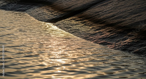 Golden Sunlight Reflects on Rippling Water and Smooth Rock Formations Close Up