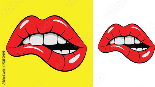 Cartoon smiling lips with teeth and red lipstick on yellow and white backgrounds  two different sizes