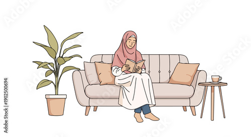 Illustration of a serene Muslim woman in a hijab, comfortably seated on a sofa, deeply immersed in reading a book in her cozy home environment.