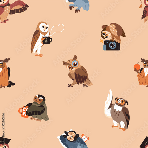 Repeatable pattern of different funny owls with coffee, magnifier and graduate cap.  Endless background of cute owlets, wise birds looking for, learning and sleeping. Flat seamless vector illustration
