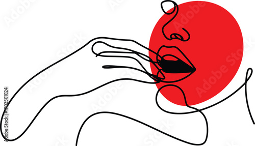 One line drawing of hand touching red face with closed eyes and mouth  minimalistic art  simple illustration