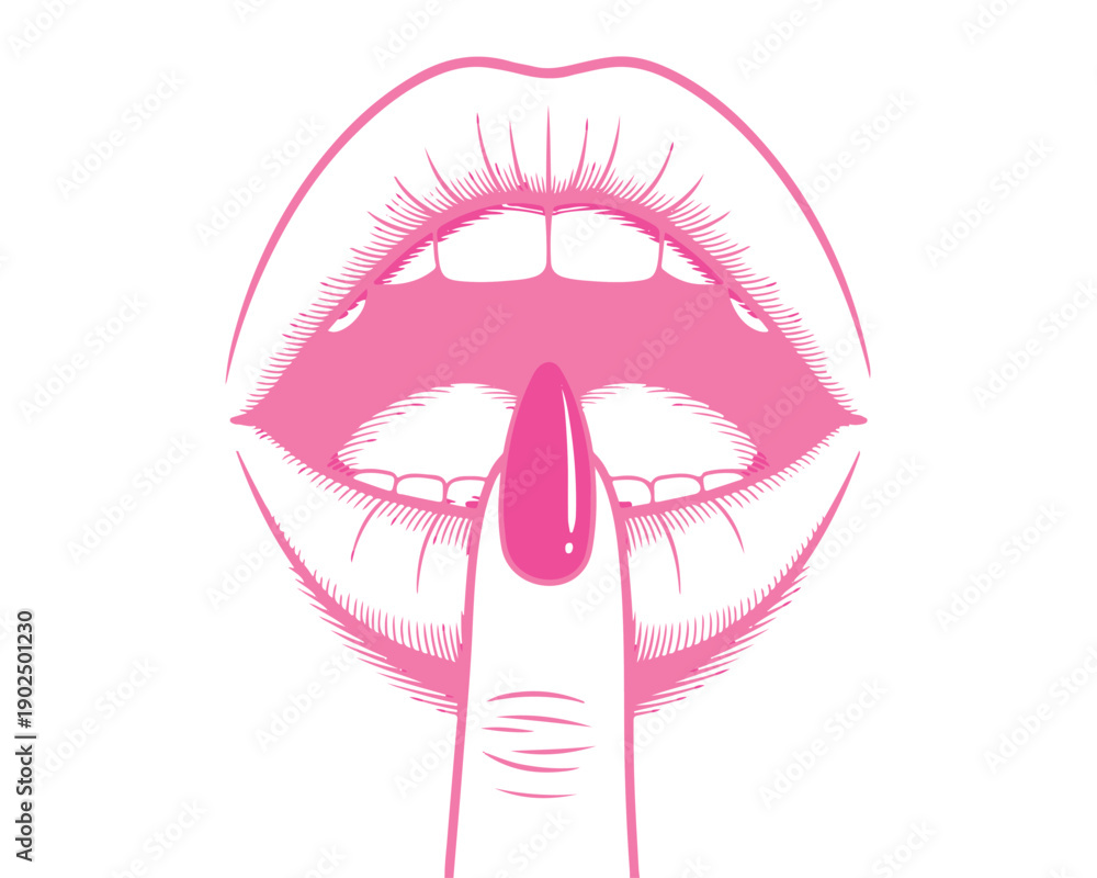 Obraz premium Pink lips and finger with pink nail polish applying lip gloss beauty and makeup concept glamour and fashion illustration