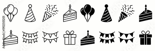 Birthday and Celebration Icon Set with Party Hats Balloons and Cake