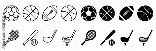 Sports Equipment Icon Set with Soccer Basketball Football and Tennis Gear