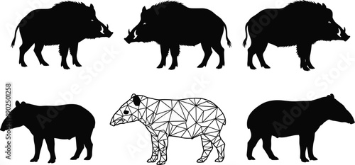 Wild boar and tapir silhouettes collection featuring geometric line art and solid black forest animal shapes isolated on white background for hunting and nature design