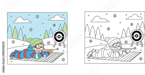 Cute boy playing biathlon winter sport, colored and outline version for coloring book, vector illustration of kid shooting target