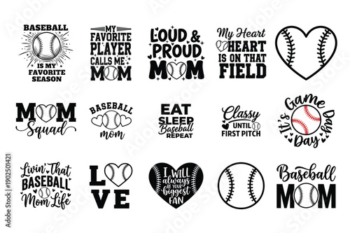 Baseball Mom Typography Quotes Icon Collection