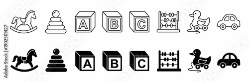 Classic Children's Toy Icon Set with Rocking Horse Blocks and Rubber Duck