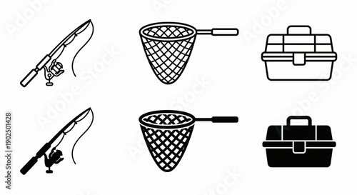 Fishing Gear Icon Set with Fishing Rod Landing Net and Tackle Box