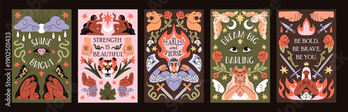 Set of boho cards designs of woman power. Bohemian feminism posters in vintage style. Mystic and magic layouts of tarot back with brave girls, flowers and feminists. Flat vector illustrations.