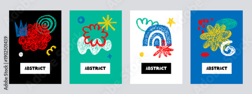 Crayon doodle grunge bold shapes, banner set. Modern childish hand drawn naive scribble elements. Vector poster design collection