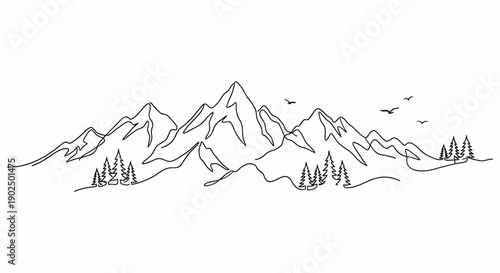 Continuous One Line Drawing of Majestic Mountain Range with Pine Trees