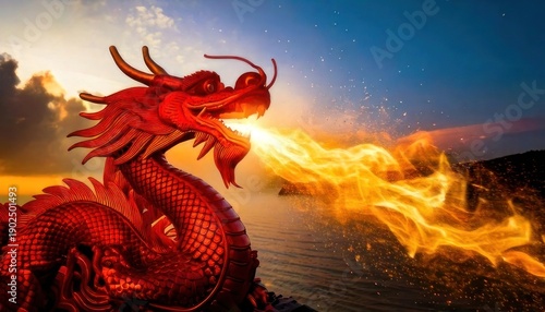 Wallpaper Mural Fiery Breath - A Majestic Red Dragon Unleashing Its Power. Torontodigital.ca