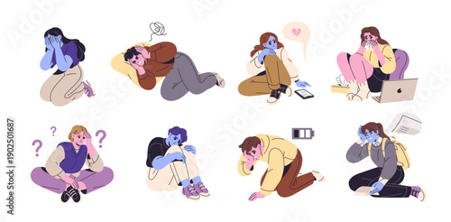 Depressed lonely teenagers set. Stressed and crying teen people are suffering from school grade, breakup, anxiety, abuse. Sad, unhappy and anxious students. Flat isolated vector illustrations on white