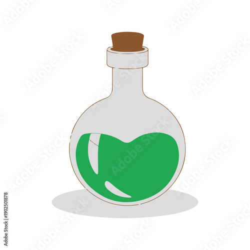 Green liquid in a glass bottle with cork stopper and shadow