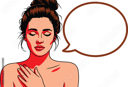 Woman with brown hair and speech bubble  pop art style illustration of a young female with her hand on chest and closed eyes  emotive portrait with blank text space