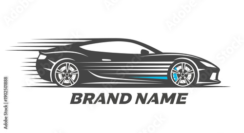 Dynamic black sports car logo with speed lines and brand name.