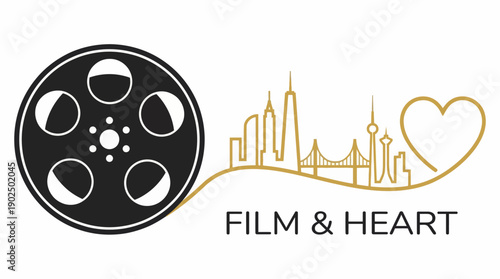 Film and Heart Cinema Logo with Film Reel Skyline and Heart Symbol