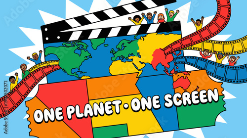 One Planet One Screen Global Cinema Concept with World Map and Film Strips