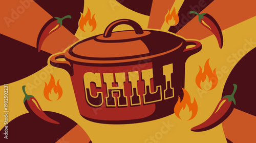 Spicy Chili Cooking Pot Illustration with Red Peppers and Flames