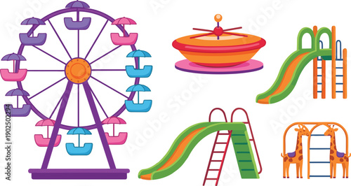 Colorful amusement park and playground equipment set featuring a ferris wheel slides and a giraffe climbing frame for children's entertainment and family recreation vector design