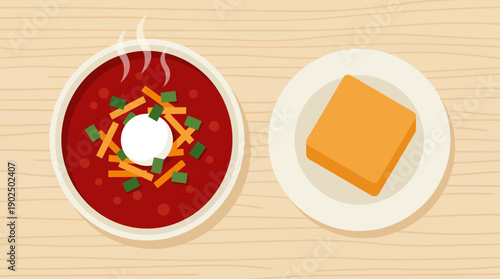 Tomato Soup with Garnish and Cornbread Side in Flat Design Top View