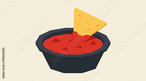 Tortilla Chip Dipping into Red Salsa Bowl Illustration in Flat Design