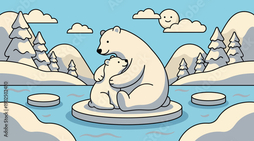 Cute Polar Bear Mother and Cub Illustration on Ice Floe in Arctic Landscape