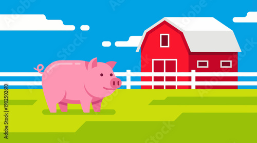 Flat Design Landscape of a Pink Pig Grazing on a Farm with Red Barn