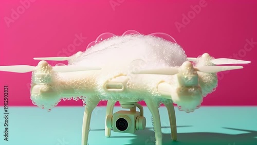 Conceptual photo white drone covered in cleaning foam on pink and blue surface
