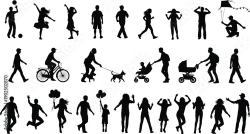 Set of Black Silhouette Vector Illustrations Featuring Diverse People Engaging in Active Lifestyles Including Cycling Jogging Walking and Family Activities for Graphic Designs,
