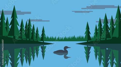 Flat Design Landscape of a Loon Swimming on a Serene Forest Lake