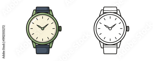 Hand drawn cartoon style wristwatch with green case beige dial and dark blue strap showing both colored and linear versions on white background for design and education