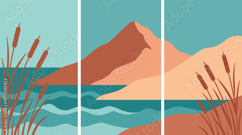 Minimalist Mountain Landscape Triptych with Lake and Reed Silhouettes