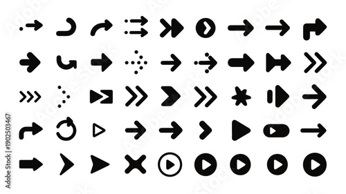 Vector arrow icons and UI symbols for web and graphic design, including directional pointers, navigation, and media playback controls
