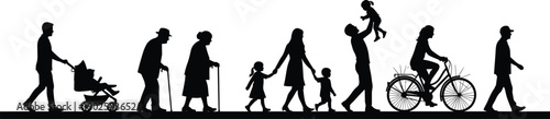 Set of Black Silhouette Vector Illustrations Featuring Diverse People of All Ages Walking Cycling and Pushing Strollers for Community Lifestyle and Inclusion Designs